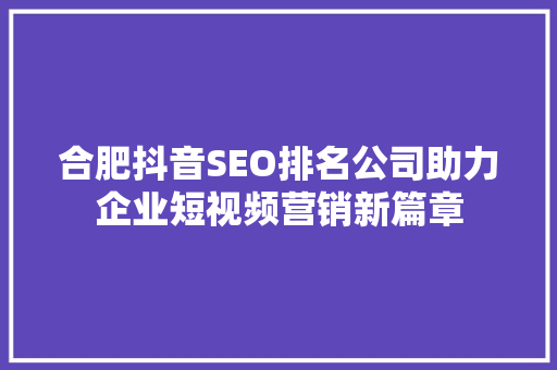 合肥抖音SEO排名公司助力企业短视频营销新篇章