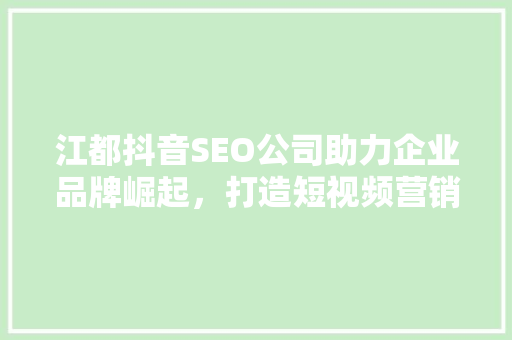 江都抖音SEO公司助力企业品牌崛起，打造短视频营销新格局