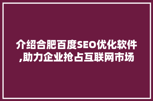 介绍合肥百度SEO优化软件,助力企业抢占互联网市场制高点