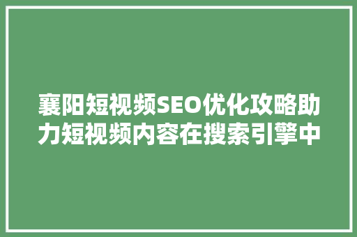 襄阳短视频SEO优化攻略助力短视频内容在搜索引擎中脱颖而出