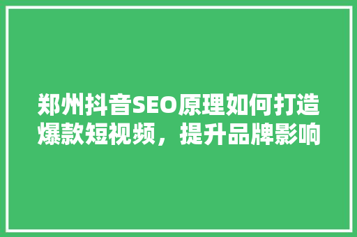 郑州抖音SEO原理如何打造爆款短视频，提升品牌影响力