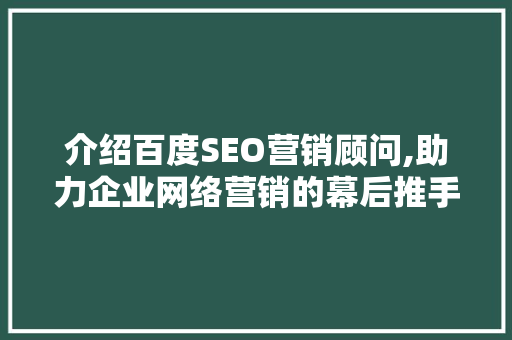 介绍百度SEO营销顾问,助力企业网络营销的幕后推手