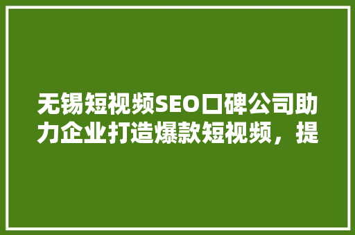 无锡短视频SEO口碑公司助力企业打造爆款短视频，提升品牌影响力