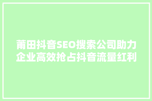 莆田抖音SEO搜索公司助力企业高效抢占抖音流量红利