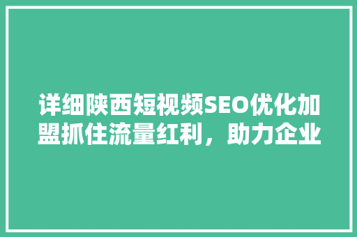 详细陕西短视频SEO优化加盟抓住流量红利，助力企业腾飞