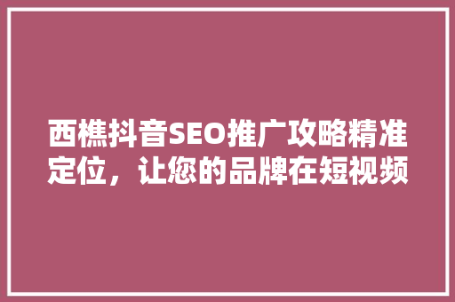 西樵抖音SEO推广攻略精准定位，让您的品牌在短视频平台大放异彩