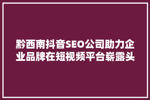 黔西南抖音SEO公司助力企业品牌在短视频平台崭露头角