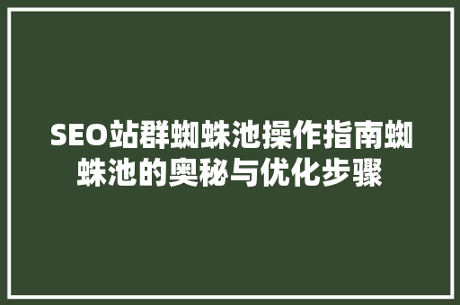 SEO站群蜘蛛池操作指南蜘蛛池的奥秘与优化步骤