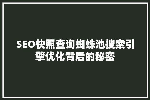SEO快照查询蜘蛛池搜索引擎优化背后的秘密
