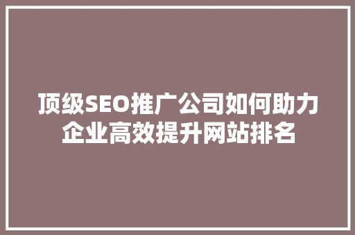 顶级SEO推广公司如何助力企业高效提升网站排名