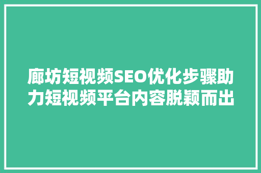 廊坊短视频SEO优化步骤助力短视频平台内容脱颖而出