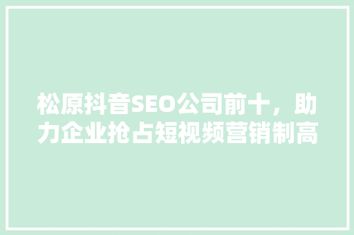 松原抖音SEO公司前十，助力企业抢占短视频营销制高点