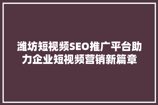 潍坊短视频SEO推广平台助力企业短视频营销新篇章