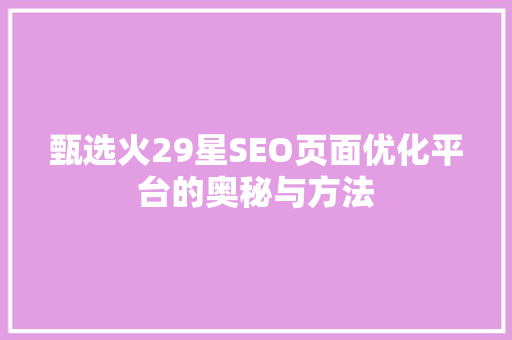 甄选火29星SEO页面优化平台的奥秘与方法