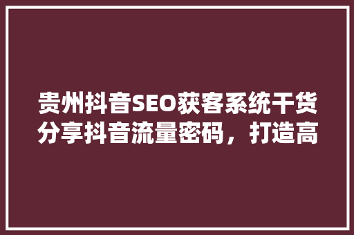 贵州抖音SEO获客系统干货分享抖音流量密码，打造高效营销矩阵