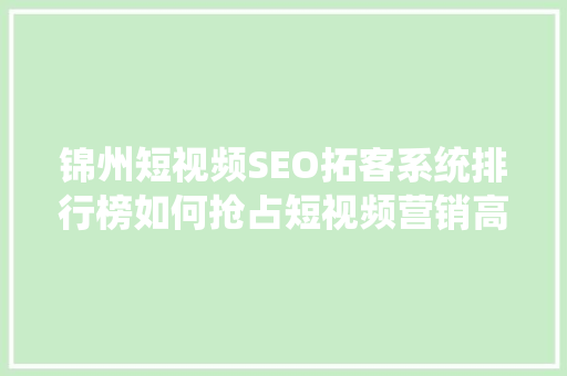 锦州短视频SEO拓客系统排行榜如何抢占短视频营销高地