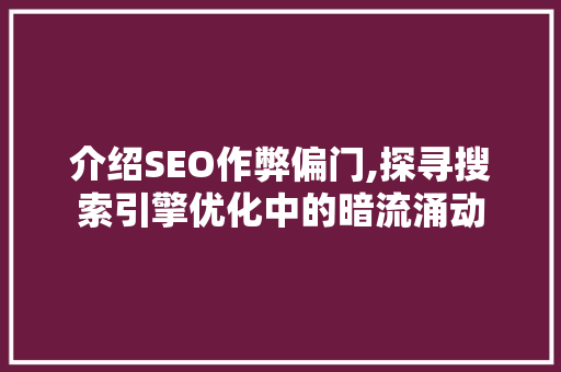介绍SEO作弊偏门,探寻搜索引擎优化中的暗流涌动