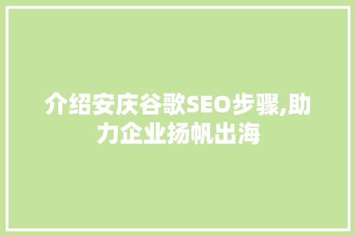 介绍安庆谷歌SEO步骤,助力企业扬帆出海