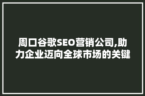周口谷歌SEO营销公司,助力企业迈向全球市场的关键一环