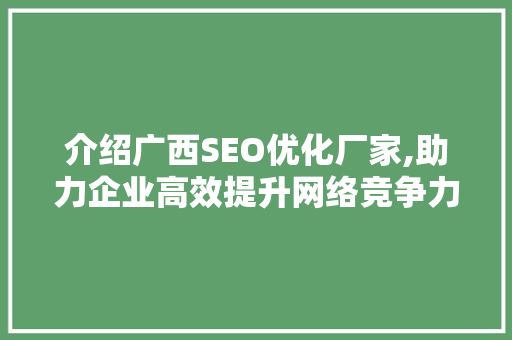 介绍广西SEO优化厂家,助力企业高效提升网络竞争力