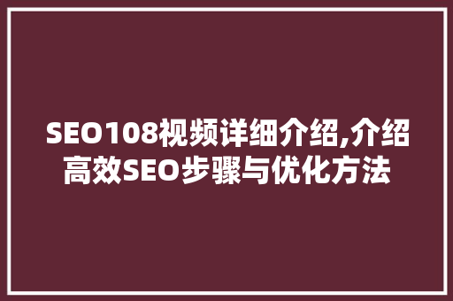 SEO108视频详细介绍,介绍高效SEO步骤与优化方法