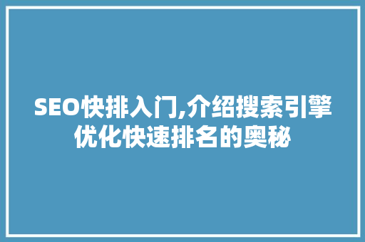 SEO快排入门,介绍搜索引擎优化快速排名的奥秘