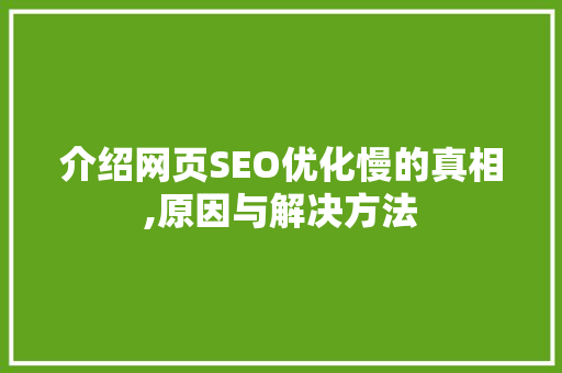 介绍网页SEO优化慢的真相,原因与解决方法