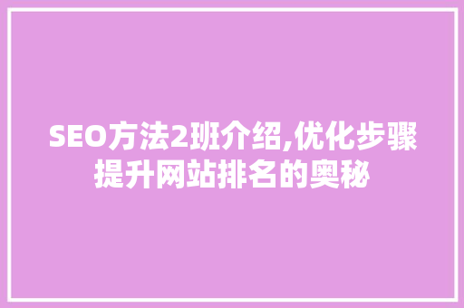 SEO方法2班介绍,优化步骤提升网站排名的奥秘