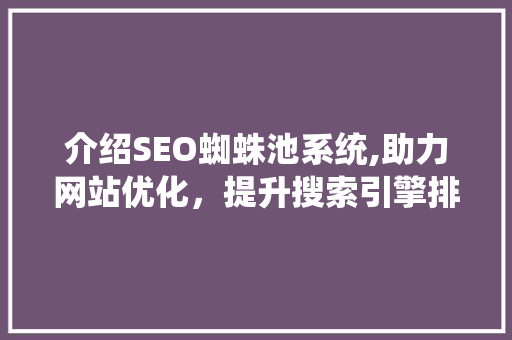 介绍SEO蜘蛛池系统,助力网站优化，提升搜索引擎排名的秘密武器