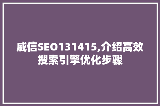 威信SEO131415,介绍高效搜索引擎优化步骤