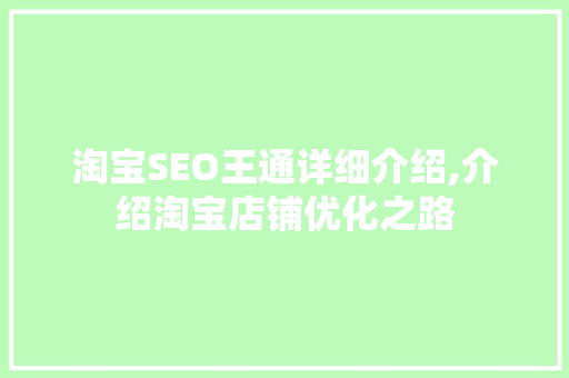 淘宝SEO王通详细介绍,介绍淘宝店铺优化之路