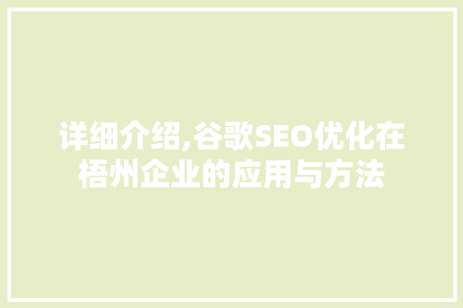 详细介绍,谷歌SEO优化在梧州企业的应用与方法